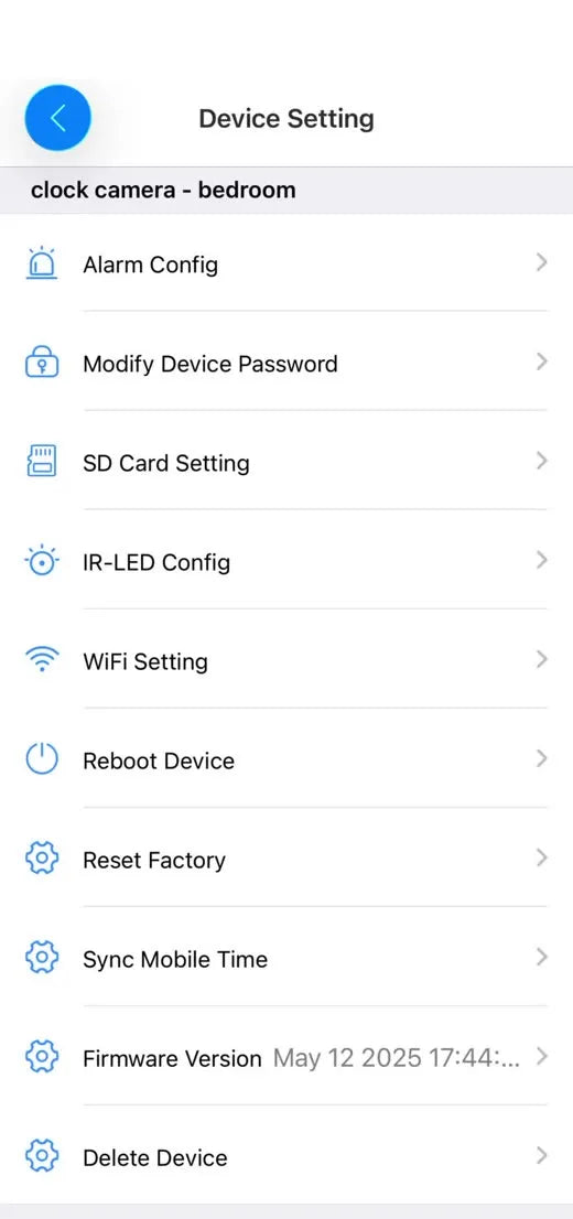 tCam Device Setting menu