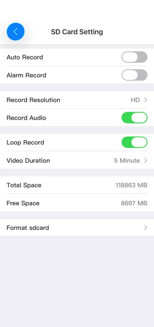 tCam SD Card Setting Loop Record