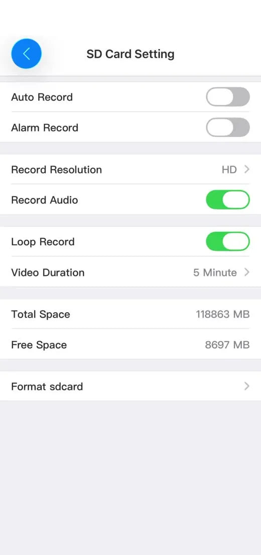 tCam SD Card Setting Loop Record