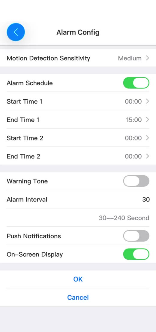 tCam Alarm Schedule toggle