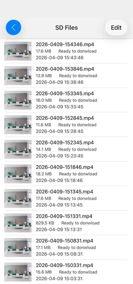 tCam SD Files screen listing recordings saved on the camera's card