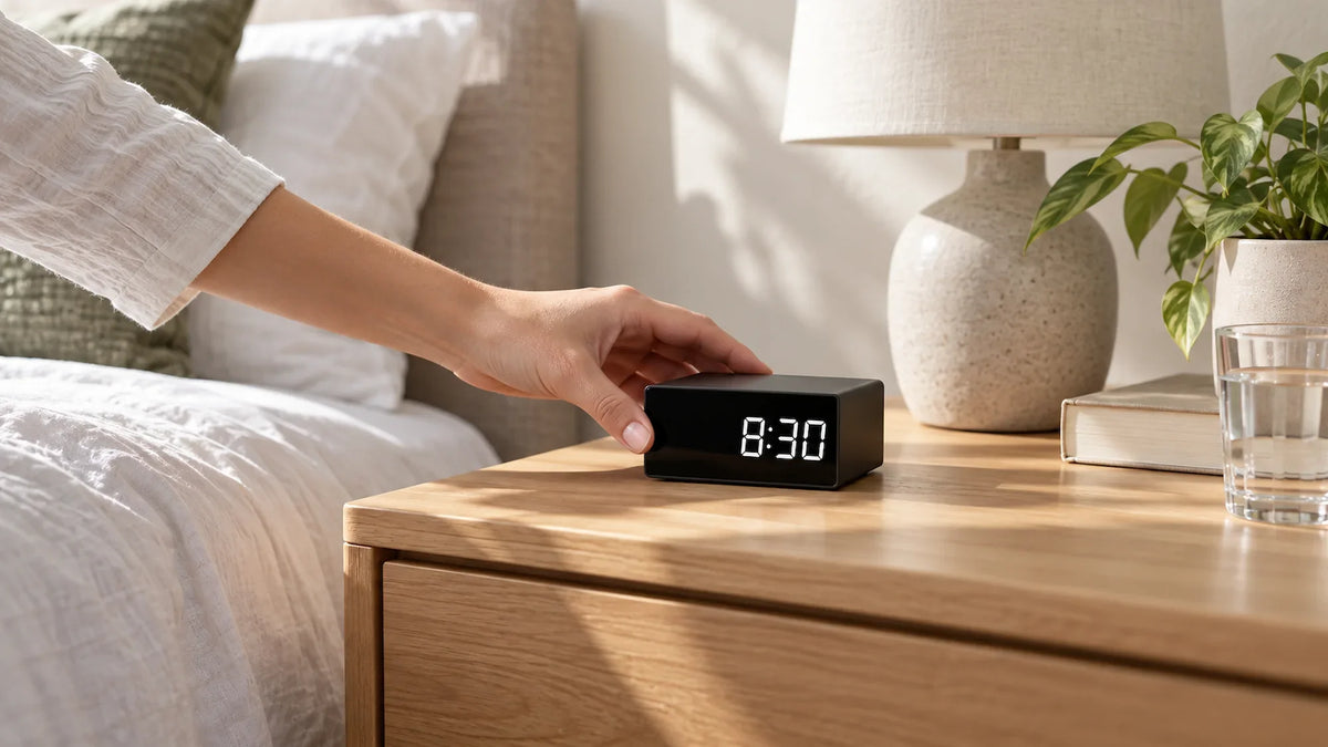 A hand placing an RG200 clock camera showing 8:30 on a bedroom nightstand beside a lamp and a glass of water.