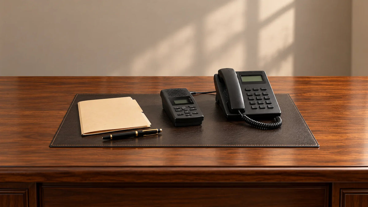A black TR600 phone call recorder connected to a corded desk phone on a leather desk pad, beside a manila folder and a fountain pen on a walnut desk.