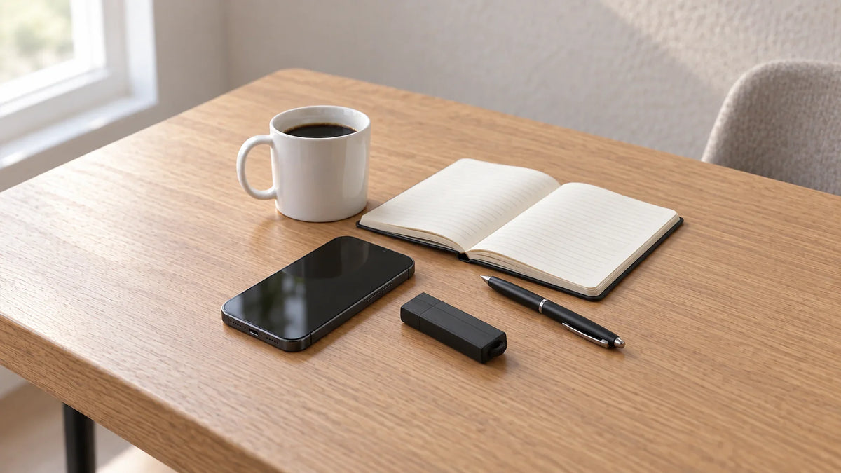An FD50 voice recorder beside a smartphone, an open notebook, a pen and a coffee mug on a light oak table.