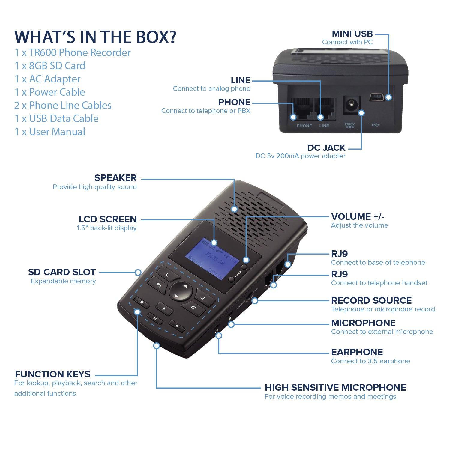 Phone line recorder LCD display caller ID time stamp
