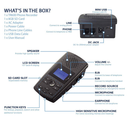 Phone line recorder LCD display caller ID time stamp