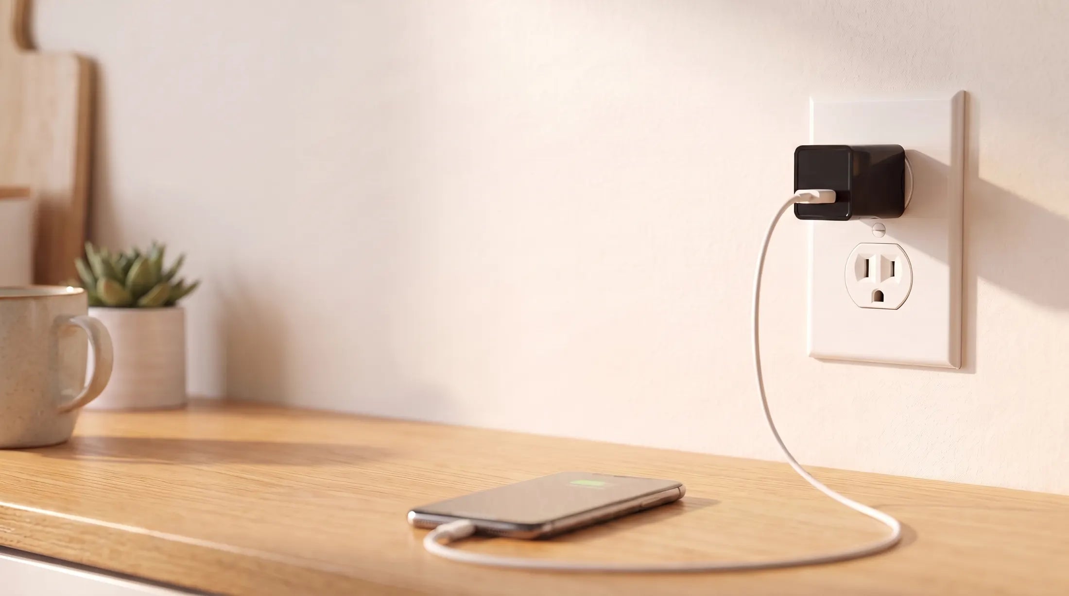 The RG50 camera plugged into a kitchen outlet, charging a phone