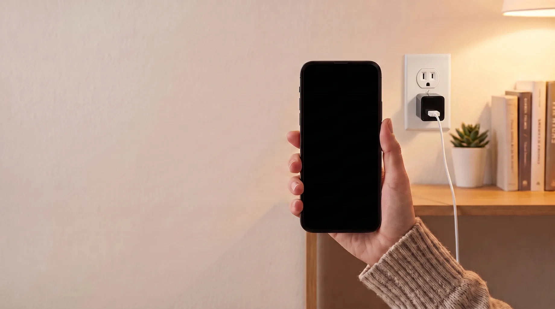 A phone held in a living room running the tCam app live view