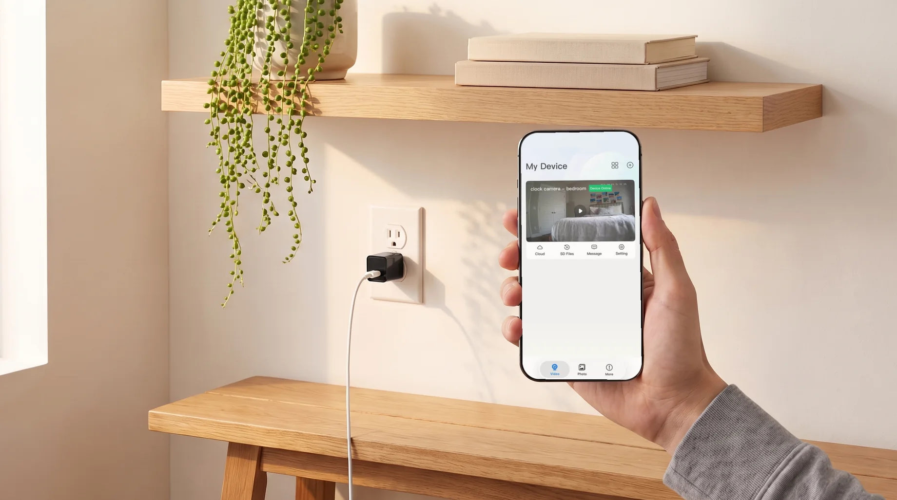 A hand holding a phone running the tCam app, a live camera feed on screen, beside a wall outlet with an RG50 charger below a sunlit shelf
